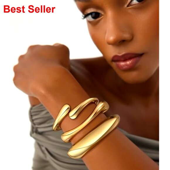 Chunky Gold Plated Bangle Bracelets Set Stackable Wide Cuff - Picture 3 of 7